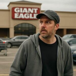 Man in hoodie greeting with a plot twist at Giant Eagle Store