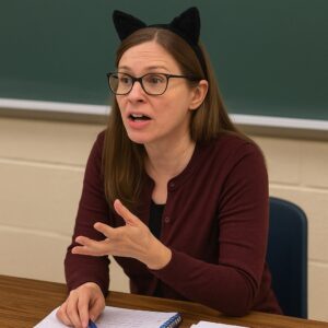 Teacher wearing cat ears in a classroom in Queensland, Australia.