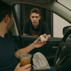Man at a Dunkin' drive-thru window experiencing a humorous misunderstanding.