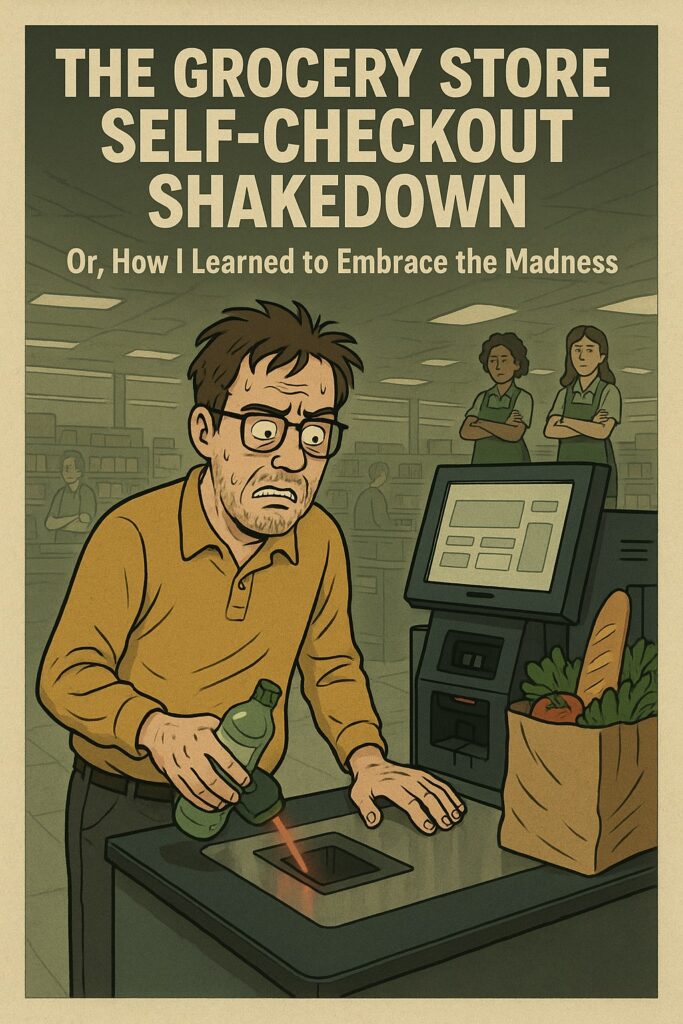 A man engaging in the self-checkout process at a grocery store.