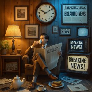Nostalgic image of an old newspaper contrasted with chaotic modern news alerts.