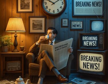 Nostalgic image of an old newspaper contrasted with chaotic modern news alerts.