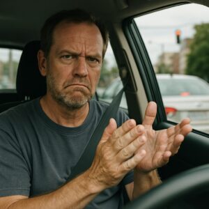 An annoyed driver dealing with a distracted teenager who rear-ended his car at a traffic light.