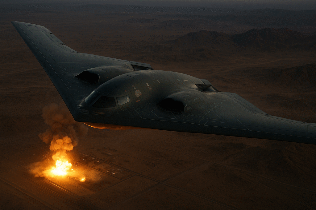 A B-2 bomber flying in the night sky, symbolizing U.S. military action against Iran.