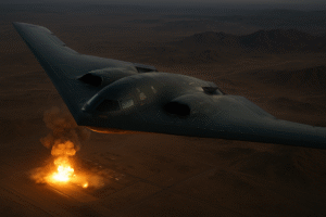A B-2 bomber flying in the night sky, symbolizing U.S. military action against Iran.