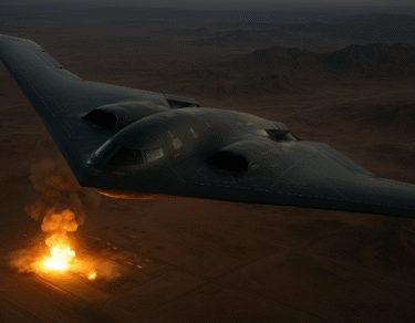 A B-2 bomber flying in the night sky, symbolizing U.S. military action against Iran.