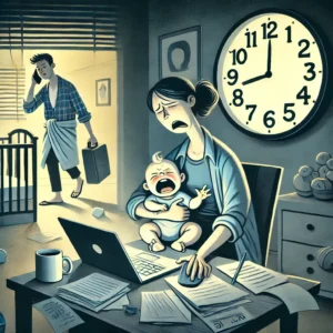 A stressed couple discussing bedtime boundaries for their baby