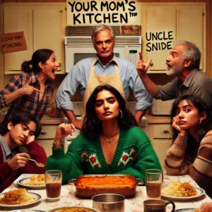 Young entrepreneur at family dinner, dealing with criticism from an older relative