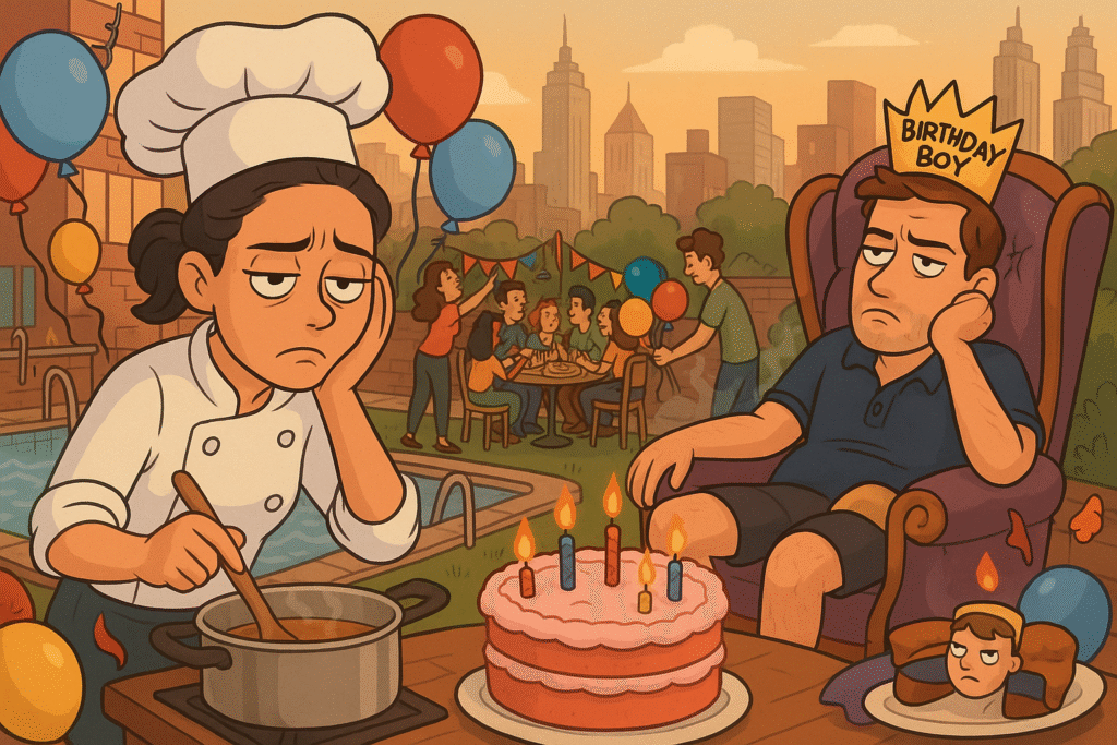 A humorous illustration of an extravagant birthday party celebration.