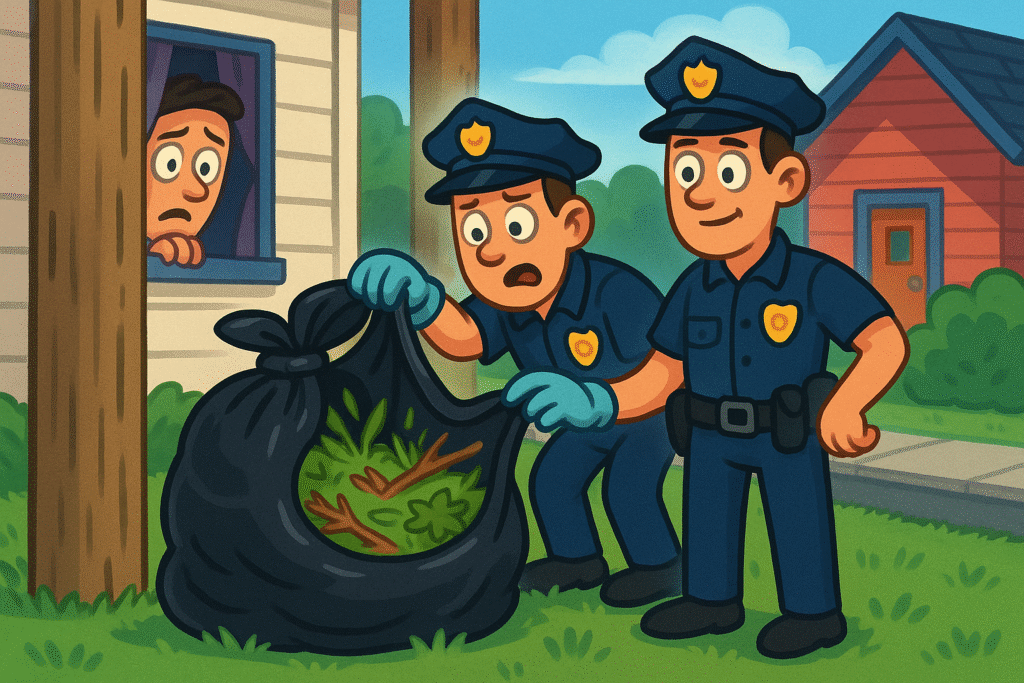 Ominous black bag of yard waste on quiet Bedford neighborhood property.