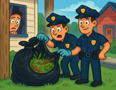 Ominous black bag of yard waste on quiet Bedford neighborhood property.