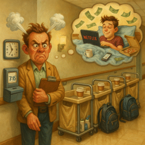 A puzzled manager contemplating over the baffling assumptions of today's workforce.