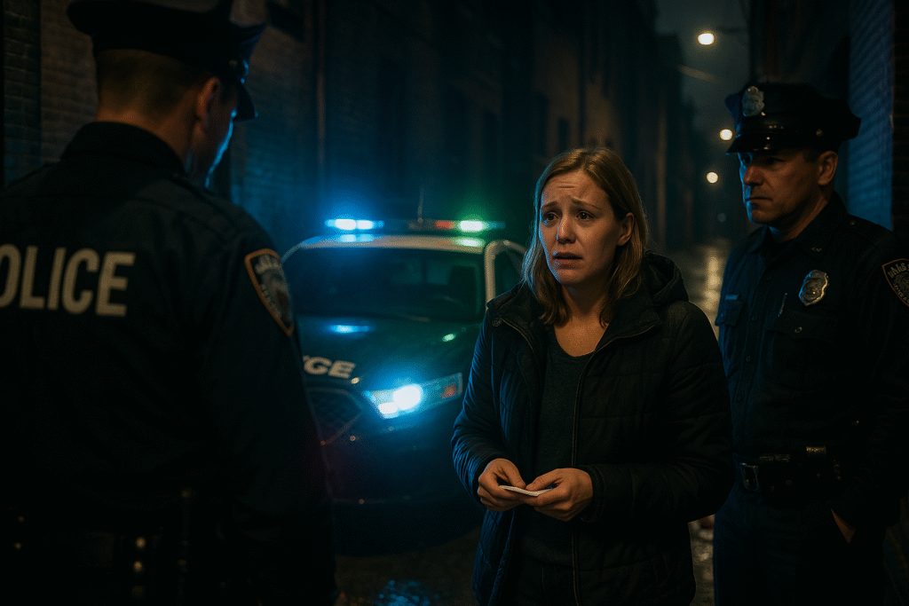 Police lights illuminating a dark alley during the Great iPhone Heist.