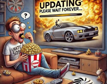 A Smart TV displaying a software update message during an intense movie scene.