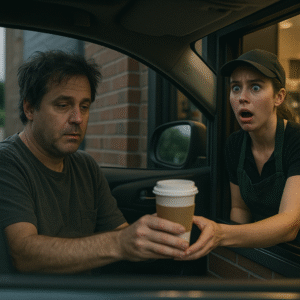 Shocked barista at a man ordering a coffee without a muffin.