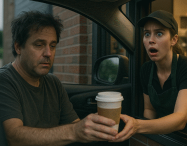 Shocked barista at a man ordering a coffee without a muffin.