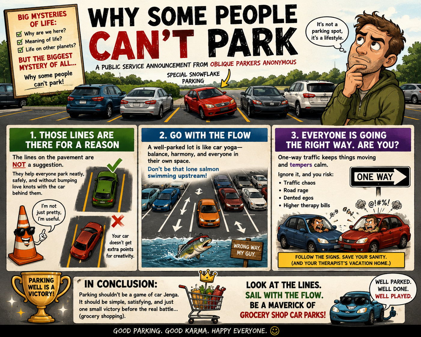 Finding Zen in the Parking Lot: A Sarcasm-Slathered Guide to Parking Properly for the Spatially Challenged. – Spill By Bill